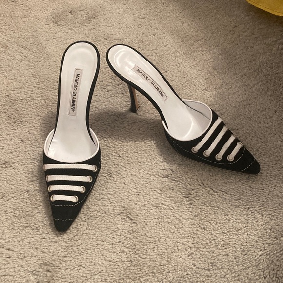 Manolo Blahnik Black and White Striped Heels - Picture 1 of 5